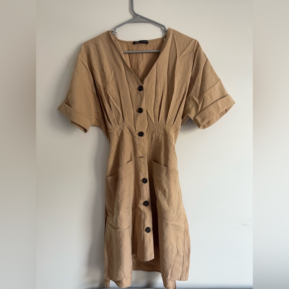 Zara Tan Midi Sundress V-Neck Short Sleeve